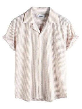 Mens Seersucker Shirt Cuban Collar Button Down Cotton Summer Beach Shirt